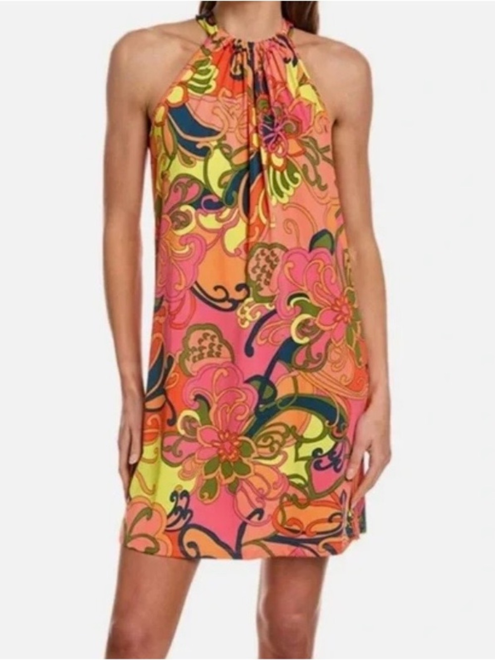 NEW $168 Trina Turk Floral Halter Dress bright pink orange yellow swim cover up